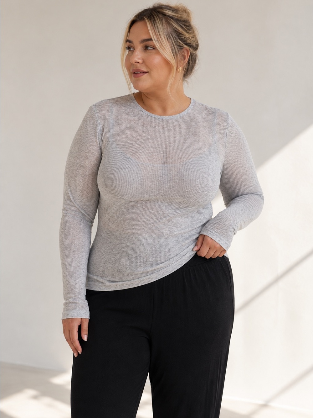 NWT SKIMS Threadbare Light Heather Grey Semi Sheer Rib Long Sleeve Tee 2X